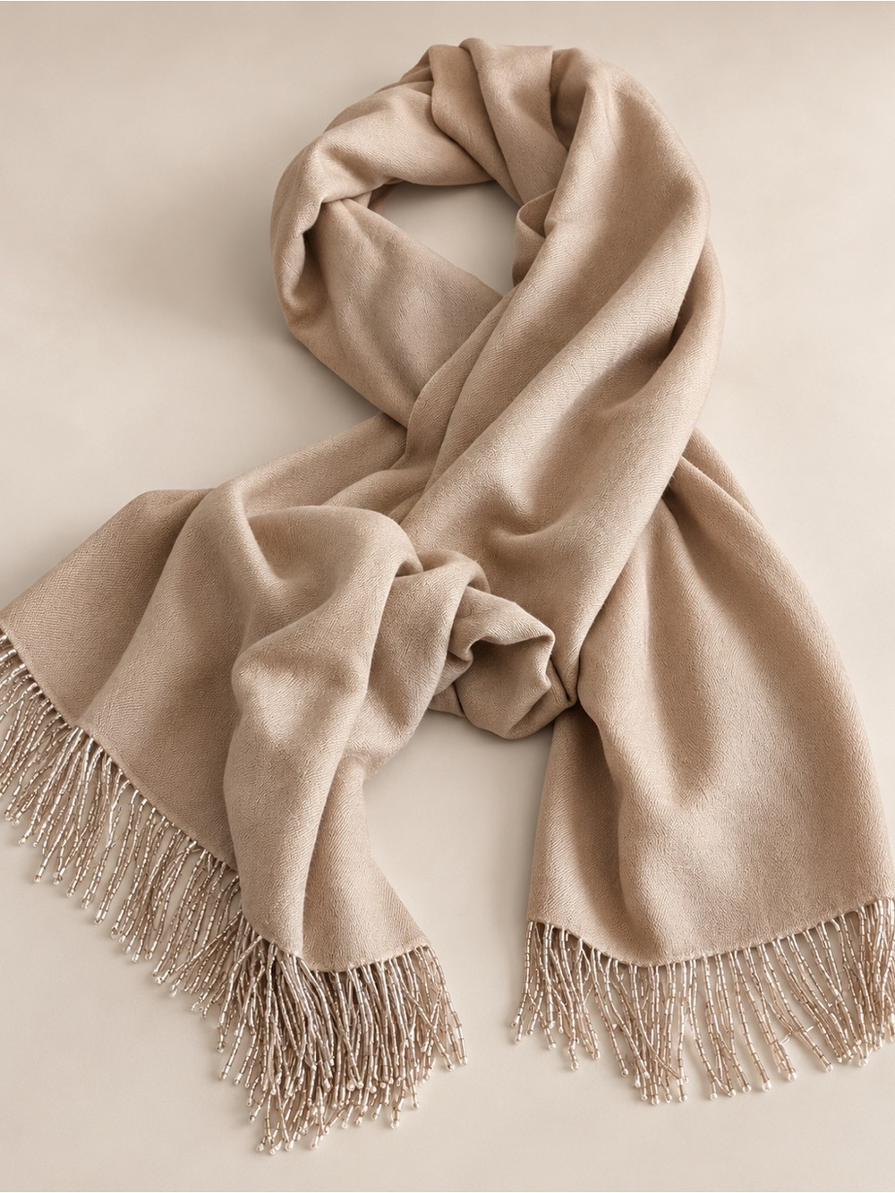 Beaded Fringe pashmina silk Blend Scarf - Beige